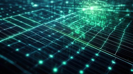 A digital representation of a solar panel array with a glowing green futuristic data overlay, conveying the concept of sustainable energy and technology in a modern setting