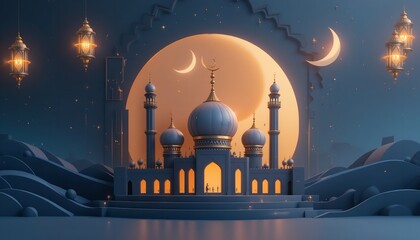 Wall Mural - Serene Ramadan Mosque Night Scene Elegant 3D Render Artistic Islamic Architecture Design Golden Lanterns Starry Night Sky Blue Domes Crescent Moon Peaceful Festive Background Illustration Digital Art 