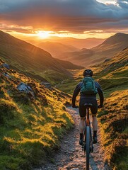 Wall Mural - Biker rides mountain trail at sunset with golden light illuminating the landscape and sky