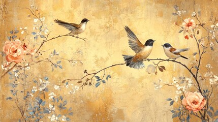 Wall Mural - Birds on branches, roses, textured background, nature art, home decor