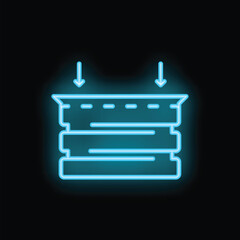 Wall Mural - brightly glowing blue neon database storage icon with two arrows pointing down on a black background