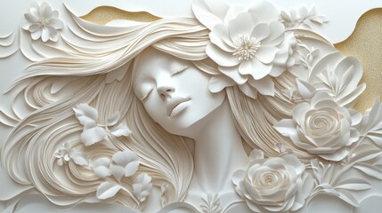 Wall Mural - Woman with paper flower hair, on white cloud with gold background, for beauty concept