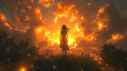 Wall Mural - Woman sunset silhouette field fiery sky hope