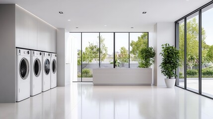 Wall Mural - Bright and Modern Laundry Room with White Washers and Clean Aesthetics in Contemporary Space