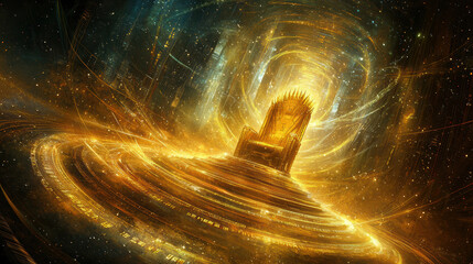 Wall Mural - golden throne floats in sci fi void, surrounded by swirling light and stars