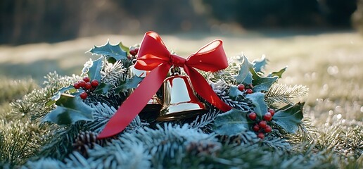 Wall Mural - Frosty field, bells, holly, Christmas. Festive card