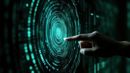 Hand interacting with futuristic teal digital interface.