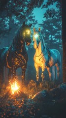 Wall Mural - photorealistic depiction of black stallion adorned glowing fluorescent war paint representing four e