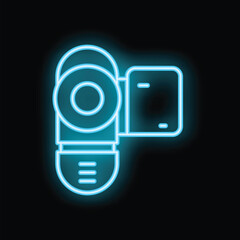 Poster - Blue neon icon of a video camera glowing on a black wall