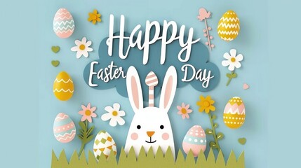 Wall Mural - Easter typography and Easter Bunny with Colorful Eggs and Flowers Celebrating Easter Day Perfect for Spring Holiday Celebrations and Decorations