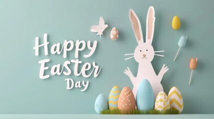 Wall Mural - Easter typography Cute Bunny and Colorful Eggs Displayed on Soft Pastel Background for Festive Spring Vibes and Joyous Holiday Greetings