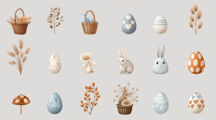 Wall Mural - Easter Elements Spring Illustrations Featuring Baskets, Eggs, and Cute Animals for Seasonal Celebrations and Easter Joy in Soft Pastel Colors