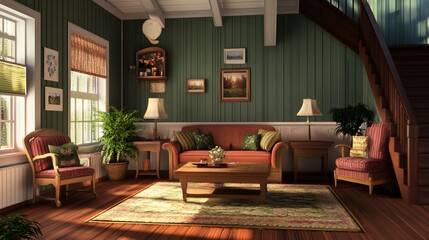 Wall Mural - Comfortable living room with wooden floors, green walls, a sofa, and armchairs, bathed in soft light