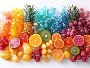 Wall Mural - A vibrant arrangement of various fruits and colorful gelatin candies.