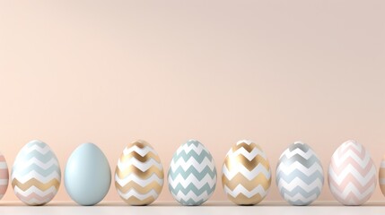 Wall Mural - Decorative Easter Eggs in Pastel Colors with Chevron Patterns Arranged Neatly on a Soft Neutral Background for Spring Celebrations and Festive Decor