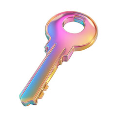 Poster - A 3D rendered image showcases a vibrant iridescent key with a smooth metallic surface and rainbow-like colors.