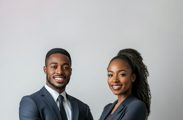 Wall Mural - Standing side by side, the business man and woman convey a strong sense of professionalism and balanced partnership with copy space white background.