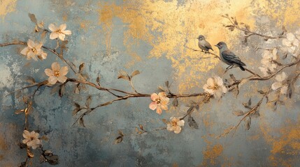 Wall Mural - Birds on flowering branch, textured gold background, spring nature art, home decor