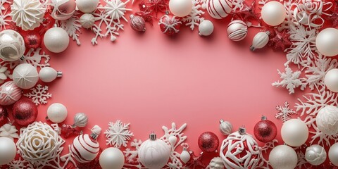 Wall Mural - Christmas decorations with red and white ornaments, snowflakes, and festive elements creating a vibrant holiday frame