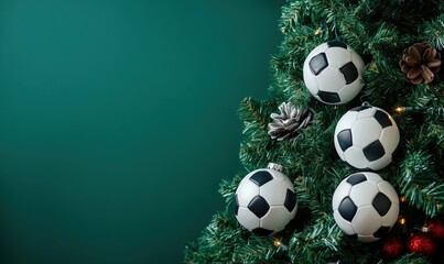 Wall Mural - Soccer-themed Christmas tree decorations featuring black and white soccer balls