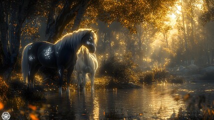 Wall Mural - Stunning photorealistic scene featuring a black stallion with fluorescent war paint glowing in the dark next to a white stallion set in a dimly lit woods with shadows from a small fire