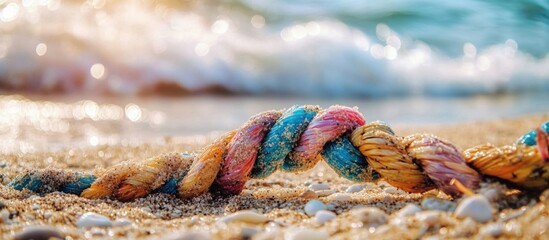 Poster - Colorful rope on sandy beach with sea waves in the background and soft sunlight Copy Space