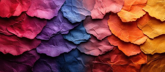 Poster - Colorful textured paper in gradient layers with vibrant hues of pink, purple, blue, and orange, ideal for abstract backgrounds, Copy Space available.