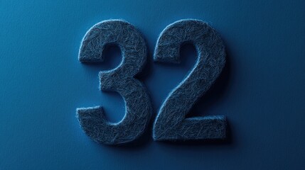Poster - Three-dimensional artistic representation of the number 32 made of fibers on a blue background with Copy Space.