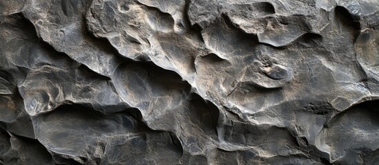 Leinwandbilder - Textured surface of rugged dark stone featuring intricate patterns and shadows ideal for backgrounds and designs with Copy Space.