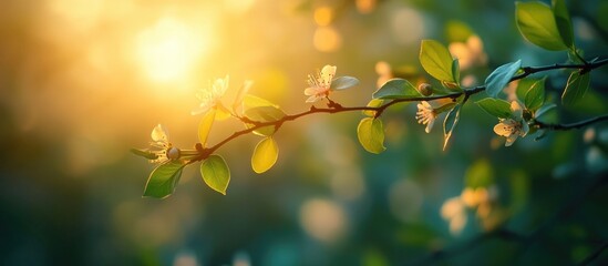 Poster - Spring blossoms with soft sunlight filtering through leaves in a natural setting Copy Space