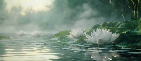 Aufkleber - Serene water lily flowers in misty pond setting with lush green foliage and soft lighting Copy Space