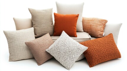 Fototapete - Assorted decorative throw pillows in neutral and orange tones arranged on a light background with Copy Space for text placement.