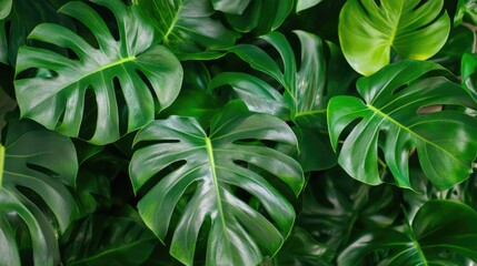 Aufkleber - Tropical green monstera leaves background with rich foliage and texture Copy Space