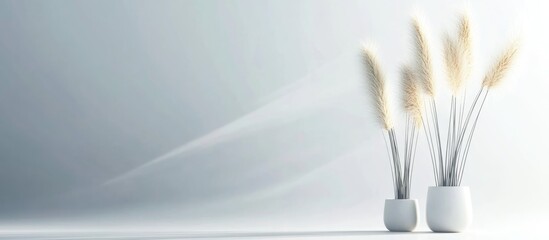 Aufkleber - Two minimalist white vases containing decorative dried plants against a light grey background with ample copy space