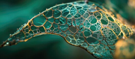 Poster - Macro view of a leaf skeleton with intricate veins and textures against a blurred green background featuring copy space.