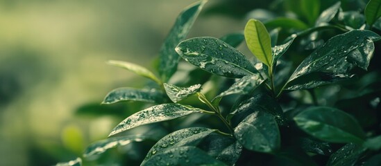 Aufkleber - Close-up of green leaves with water droplets on surface and blurred background Copy Space