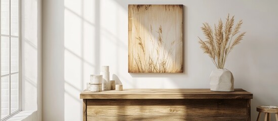 Aufkleber - Modern interior scene featuring a wooden dresser with a minimalist vase and dried flowers against a bright wall with sunlit shadows Copy Space