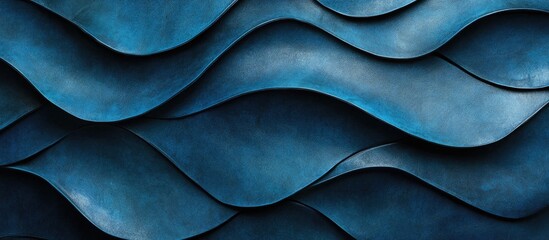 Poster - Blue textured abstract waves pattern with smooth curves and shadows on a dark background providing ample copy space.