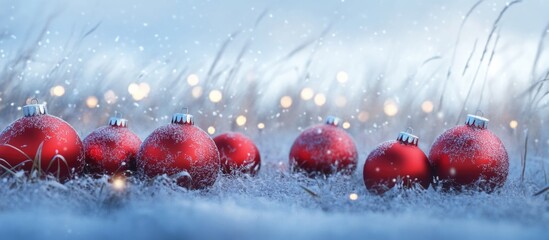 Aufkleber - Red Christmas ornaments in snowy grass with blurred festive lights in background Copy Space