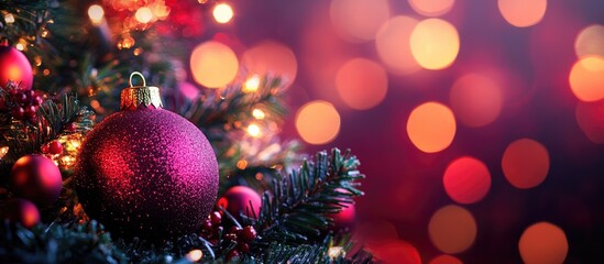 Aufkleber - Decorative Christmas tree with pink ornament and colorful bokeh lights in the background Copy Space
