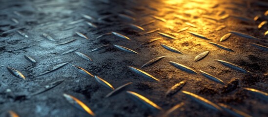 Poster - Close-up view of textured metal surface with diamond pattern and dramatic lighting creating reflections and highlights Copy Space