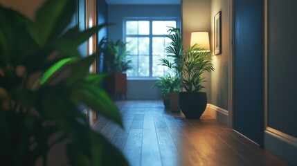 Poster - Interior hallway with wooden flooring, potted plants, wall decor, and a warm light fixture, featuring Copy Space for text placement.