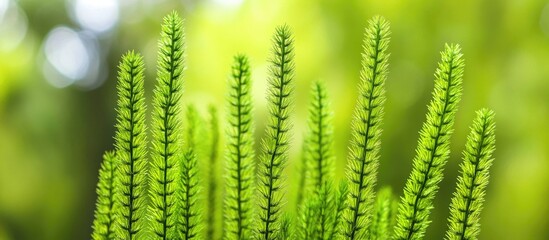 Aufkleber - Green needle-like plant stems with blurred background, natural light, botanical close-up, suitable for text overlay, Copy Space