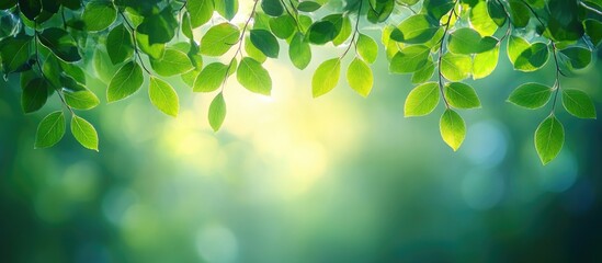 Poster - Lush green leaves with soft sunlight filtering through, natural background with copy space for text or graphics