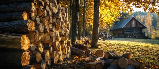 Poster - Woodpile in autumn forest with rustic cabin in the background featuring warm golden light and Copy Space for text placement