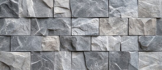 Poster - Textured gray stone wall background with various sizes of rectangular and square stones arranged in a pattern Copy Space