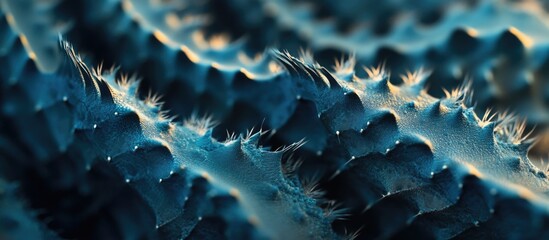 Fototapete - Close-up of textured blue and black surface with spiky details and intricate patterns suitable for abstract backgrounds Copy Space
