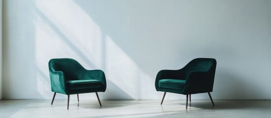 Aufkleber - Modern interior scene featuring two green velvet chairs with minimalist design on a light background with shadows and Copy Space.
