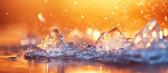 Leinwandbilder - Close-up of water splashes on a reflective surface with golden sunlight creating abstract bokeh effects Copy Space