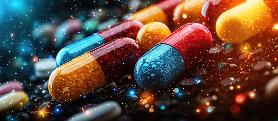Leinwandbilder - Colorful glittering capsules on a dark background with sparkling light effects and Copy Space for text placement